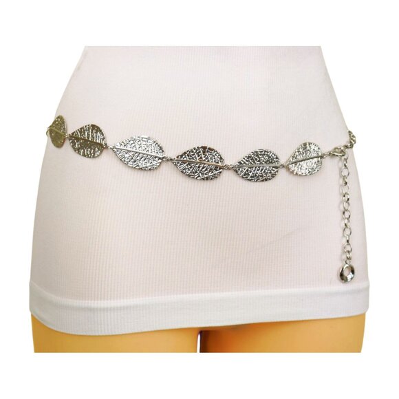 Women Silver Metal Chain Wrap Around Fashion Belt Leaf Charms Adjustable Fit S M main image 4